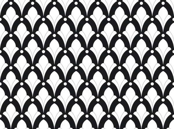 Klasik Art Deco Kusursuz Desen. Yaprak desenli geometrik dekoratif. Geçmişe dönüş. Siyah arka plan. Beyaz yaprak. Duvar Kağıdı