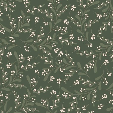 Beyaz Böğürtlen ve Yeşil Yapraklı Zararsız Botanik Şablonu Koyu Arkaplan Minimalist Kumaş Duvar Kağıdı Kaplama Tekstili ve Ev Dekorasyonu İçin Doğal Çiçek Tasarımı