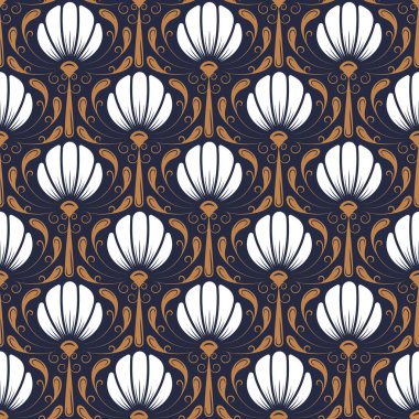 Klasik Art Deco Kusursuz Desen. Çiçek desenli geometrik dekoratif. Geçmişe dönüş. Karanlık arka plan. Kahverengi ve beyaz yaprak. Duvar Kağıdı