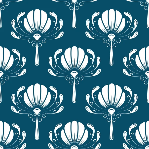 Klasik Art Deco Kusursuz Desen. Çiçek desenli geometrik dekoratif. Geçmişe dönüş. Koyu mavi arka plan. Beyaz yaprak. Duvar Kağıdı