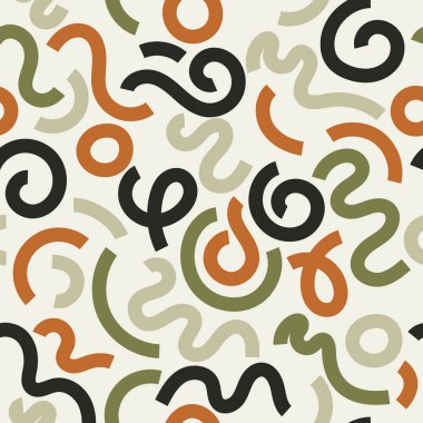Soyut biçimlere sahip estetik, modern, dikişsiz desen. Minimalist orta yüzyıl tarzında Boho soyut arka planı. Bej, yeşil, siyah, turuncu.