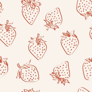 Çilekli, pürüzsüz bir desen. Sevimli renkli bahar, kumaş için yaz şablonu, ambalaj kağıdı, kıyafetler. Hafif arkaplan