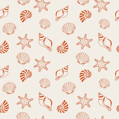 Mercanların vektörsüz deseni. Bir dizi sualtı mercan resif bitkisi. Mercan elementleri koleksiyonu. Kırmızı kabuk ve deniz yıldızı. Menü, poster, kartpostal, duvar kağıdı için uygun