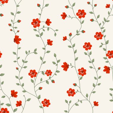 Çiçeklerle kusursuz desen. Çiçekli ve yapraklı bir dal. Hediye kağıdı, duvar kağıdı, web sayfası arkaplanı, tebrik kartları, tekstil için yüzey tasarımı. Kırmızı çiçek