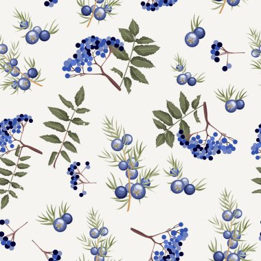 Mavi Böğürtlen ve Yeşil Yapraklı Kusursuz Rowan Berry Deseni Botanik Sonbahar Doğası Tekstil Kumaş Kağıt Kağıt Kaplama Yüzey Tasarımı Resimleri