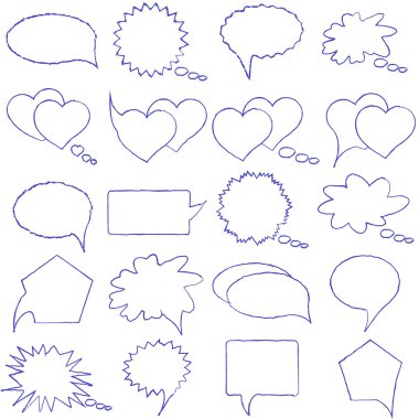 Konuşma, konuşma kalem. Beyaz bir arka plan üzerinde diyalog çizilmiş kalem izole öğeleri kümesi.