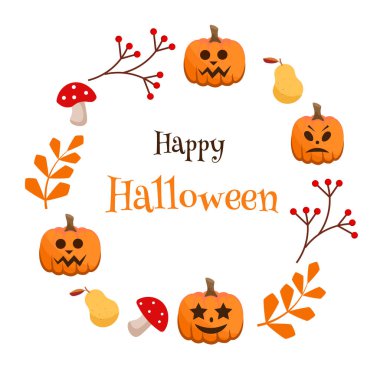 Happy hell. Wreath with pumpkins, autumn leaves, fly agarics and pears on a white background. Vector illustration