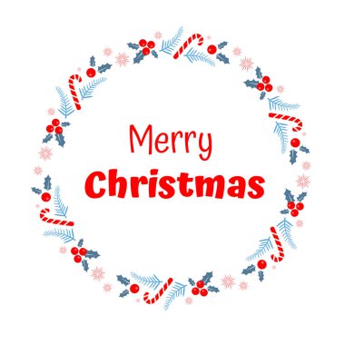 Beyaz arka planda bir çelenk. Mutlu noeller. Tebrik kartı. Vektör illüstrasyonu