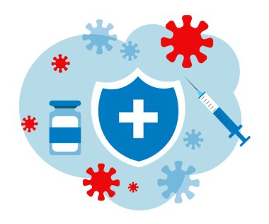 Virüs ve hastalıklara karşı koruma. Aşılama. Kalkan, şırınga ve aşı. Vektör illüstrasyonu