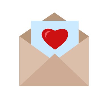 Beyaz arka planda kalbi olan bej bir zarf. Aşk mektubu. Sevgililer Günü. Vektör illüstrasyonu