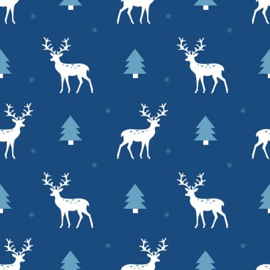 Geyikleri ve mavi arka planda Noel ağaçları olan kusursuz bir desen. Vektör illüstrasyonu