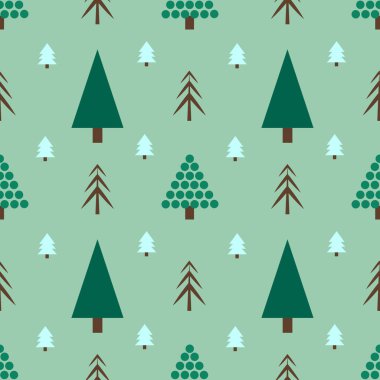 Yeşil arka planda soyut Noel Ağaçları olan kusursuz desenler. Vektör illüstrasyonu