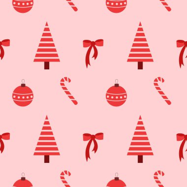 Pembe arka planda Noel ağaçları, bastonlar ve fiyonklar olan kusursuz bir Noel deseni. Vektör illüstrasyonu