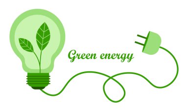 Yeşil enerji kavramı. Bitkili bir ampul. Pankart, poster, mesaj. Vektör illüstrasyonu