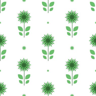 Beyaz arka planda yeşil çiçekli pürüzsüz desen. Yatak örtüsü, kumaş, ambalaj kağıdı. Vektör illüstrasyonu