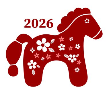 Çin Yeni Yılı. Ateş Atı Yılı. Beyaz Arkaplanda Çiçekli Kırmızı At. Vektör illüstrasyonu