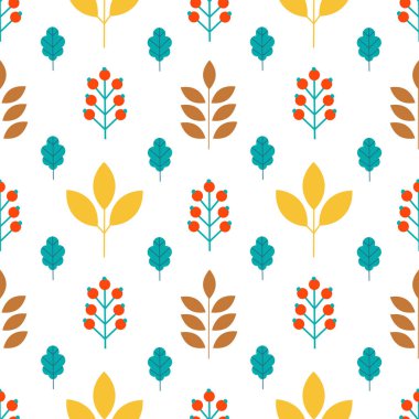 Beyaz arka planda yapraklar ve böğürtlenlerle kusursuz desen. Kumaş, tekstil, çarşaf, ambalaj kağıdı. Vektör illüstrasyonu