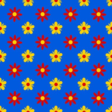 Mavi arka planda kırmızı ve sarı çiçekli kusursuz desen. Vektör illüstrasyonu