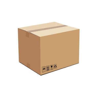 Etiketli kahverengi karton posta kutusu. Üç boyutlu kutu. Vektör illüstrasyonu