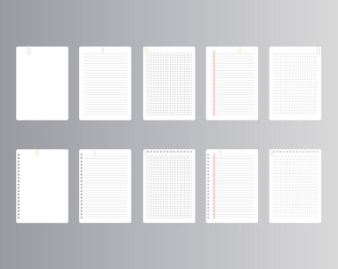 Kağıt Kıskacıyla Gerçekçi Not Defteri Kağıt Çarşafları Çizgili Izgara Noktası ve Boş Sayfa Vektörü Ayarları