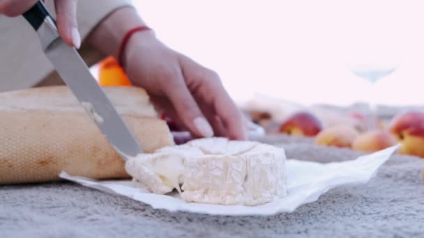 Primer plano de las manos de las mujeres cortando queso francés en una manta — Vídeo de stock