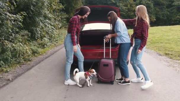 観光客の女の子は車のトランクにスーツケースを詰め — ストック動画