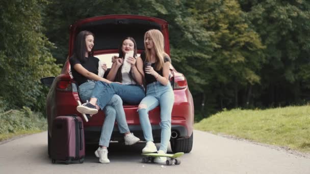 Novias disfrutando de aperitivos mientras acampan en un coche — Vídeos de Stock