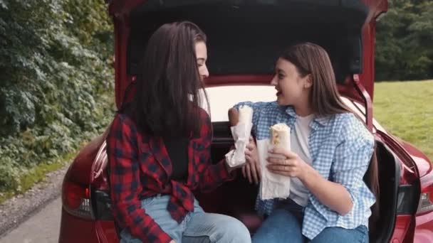 Novias disfrutando de aperitivos mientras acampan en un coche — Vídeos de Stock