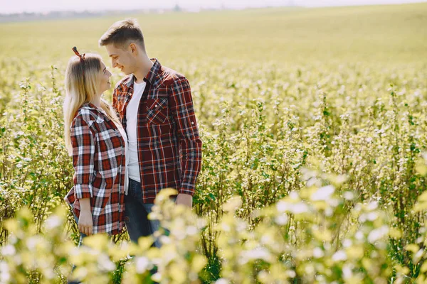 Ung man och kvinna par i ett sommarfält — Stockfoto