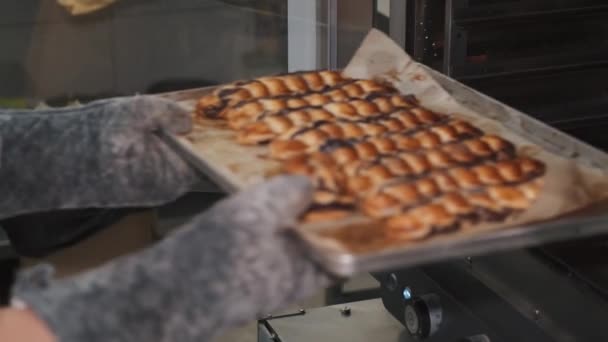 Baker kesztyűben tesz mákos zsemlét a sütőbe — Stock videók
