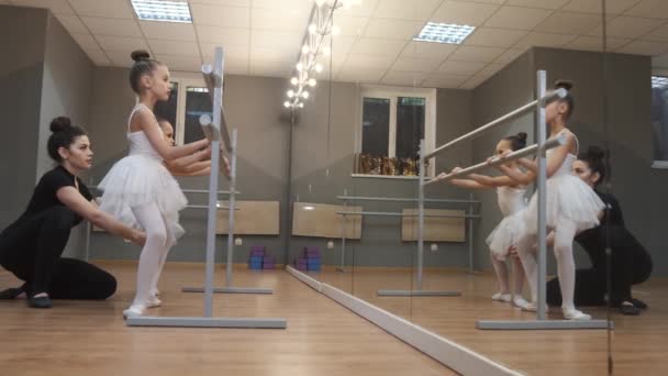 Young teacher teach little ballerinas on a dance class in studio — Stock Video