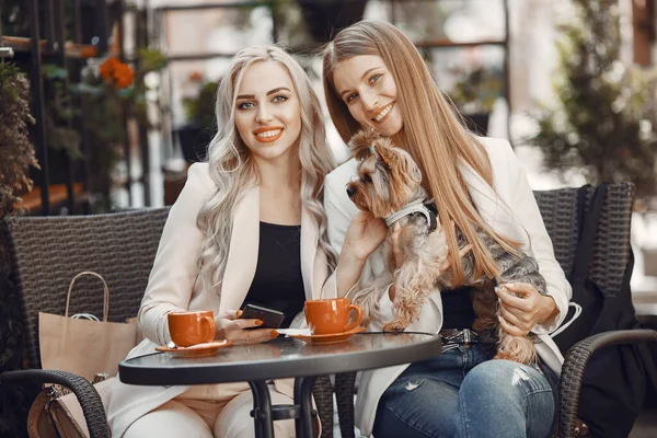 Donne eleganti sedute in un caffè estivo — Foto Stock