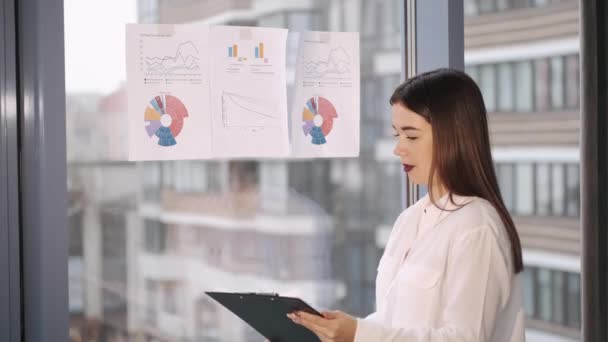 Pretty businesswoman giving presentation to colleagues — Stock video