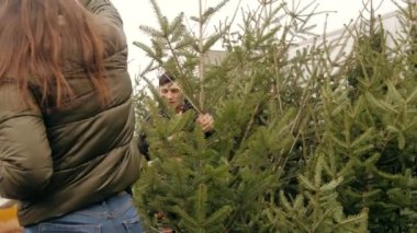 Küçük çocuklu bir aile Noel ağacını açık hava pazarında kuyrukla sarıyor.