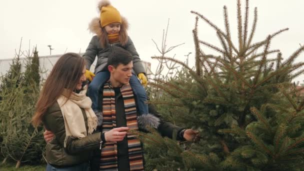Szczęśliwa rodzina trzy wybierając choinkę na rynku — Wideo stockowe