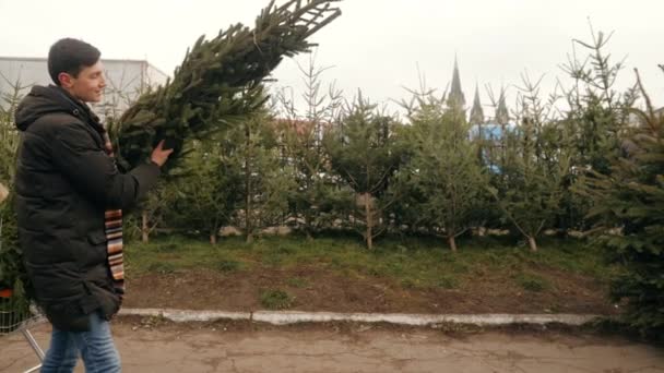 Joven llevando árbol de navidad comprado del mercado al aire libre — Vídeos de Stock
