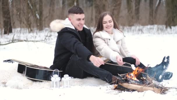 Cuplu minunat este așezat lângă foc de tabără și se bucură de dragostea lor — Videoclip de stoc
