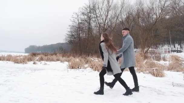 Happy couple walking near forest on frozen lake — Stock Video