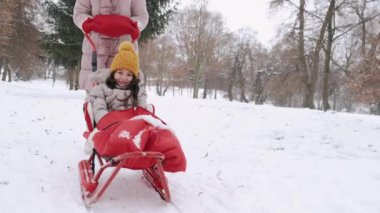 Anne ve kızı kışın kızakla parkta yürüyorlar.