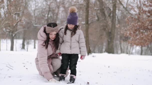 Mãe europeia feliz e sua filhinha se divertindo na floresta de inverno — Vídeo de Stock