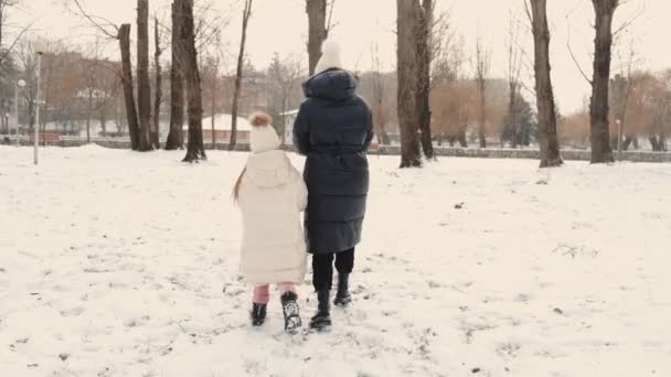 Ibu dan anak bermain dengan salju di taman musim dingin — Stok Video