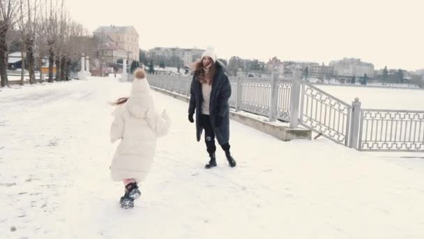 Mor och dotter går och håller hand i vinterparken — Stockvideo