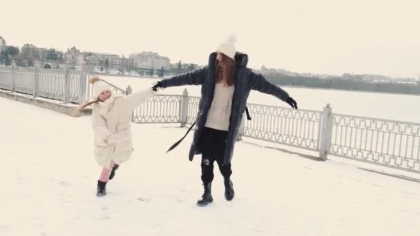 Matka a dcera chodí a drží se za ruce v zimním parku — Stock video