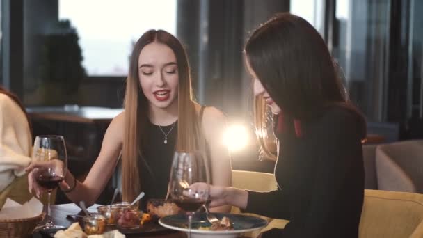 Female friends relaxing , drinking champagne and chatting — Stock Video