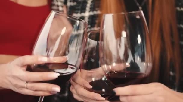 Przyjaciele toastujący wino podczas lunchu w restauracji — Wideo stockowe