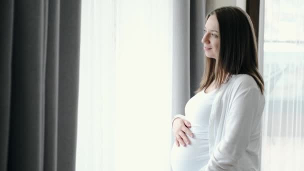 Femme enceinte debout près de la fenêtre à la maison — Video