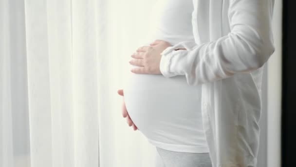 Mujer embarazada de pie cerca de la ventana en casa — Vídeo de stock