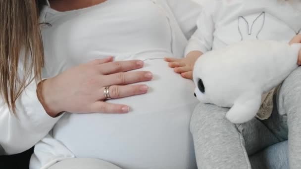 Madre incinta seduta sul divano con la sua piccola figlia — Video Stock