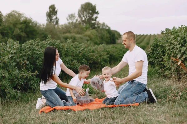 Família bonito jogando em um campo de verão — Fotografia de Stock