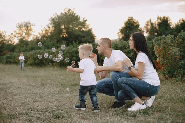 夏の畑で遊ぶかわいい家族 — ストック写真